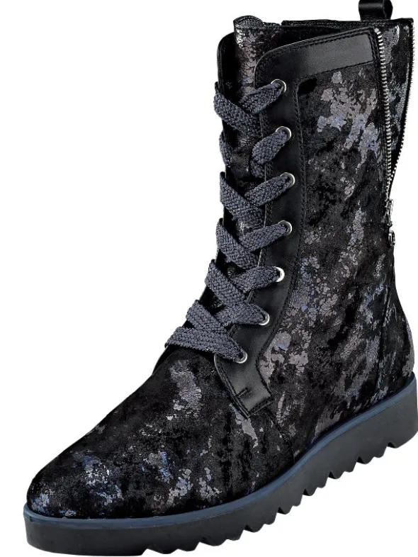 Teilweise mit Metallicfolie besetzter, blau schimmernder Schnürstiefel
